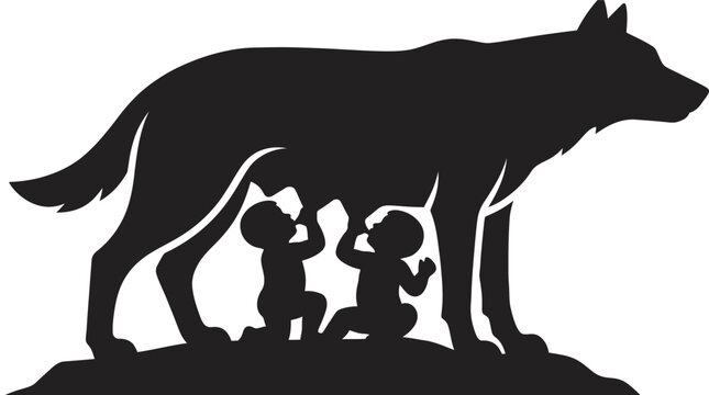 Romulus and Remus suckling from the she-wolf silhouette.