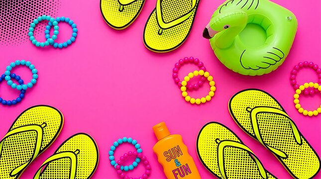 Neon Summer Vibes Flat Lay with Beach Accessories on Hot Pink Background