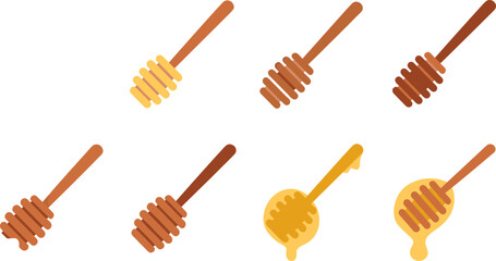 Honey Dipper Stick Collection in Various Brown and Golden Tones with Dripping Honey Flat Design Vector Illustration Set © MDShakhawat