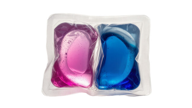 Two laundry detergent pods pink and blue, in plastic packaging