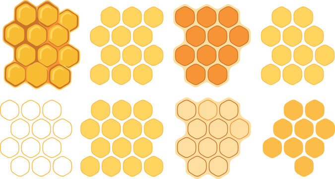 Honeycomb Pattern Collection in Yellow, Orange, and Outline Style Bee Hive Hexagon Flat Design Vector Illustration Set