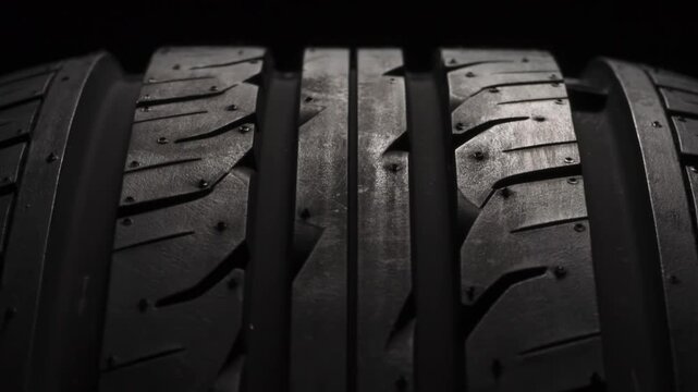 Car Tire Rotates on a Black Background. Loop. New car wheel close-up slowly spinning showing tread pattern on black background