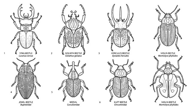 Beetle insects icon set with labeled back and underside illustrations in fine line engraving style featuring insect, coleoptera, insect diagram with