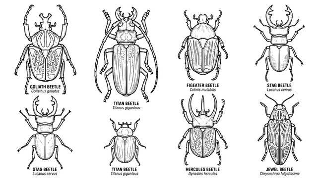 Beetles hand drawn set with eight different species and scientific names featuring beetle, insects, bug with beetle illustrations and insect drawings