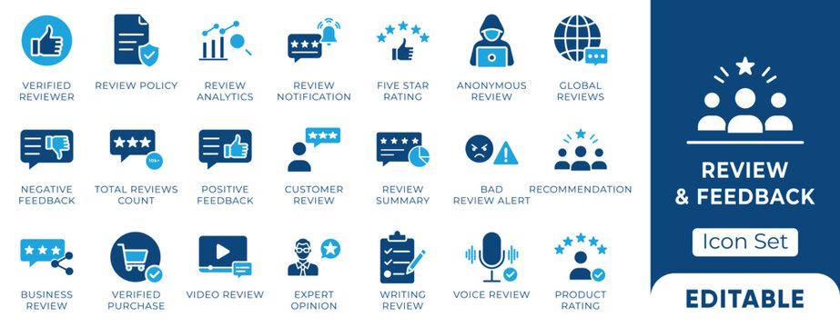 Review and feedback icon set featuring customer feedback, five-star ratings, verified testimonials, and satisfaction symbols in a modern blue solid vector style.