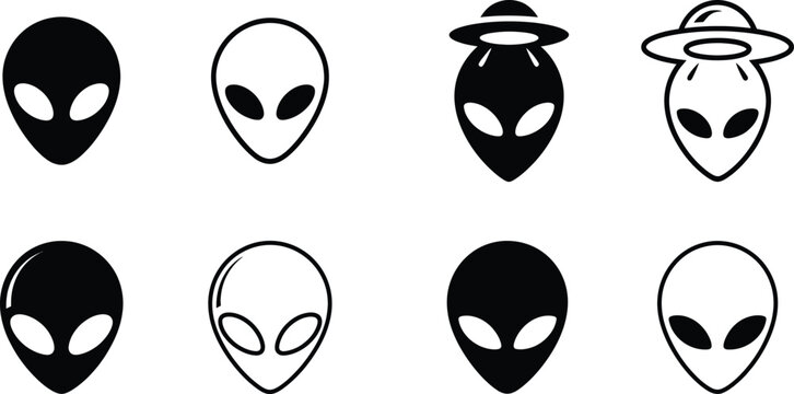 Grey alien face silhouettes with flying saucer UFO, spooky space creature outline symbols isolated