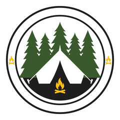 Obraz premium Outdoor camping adventure logo featuring a tent pine trees and campfires within a circular emblem icon