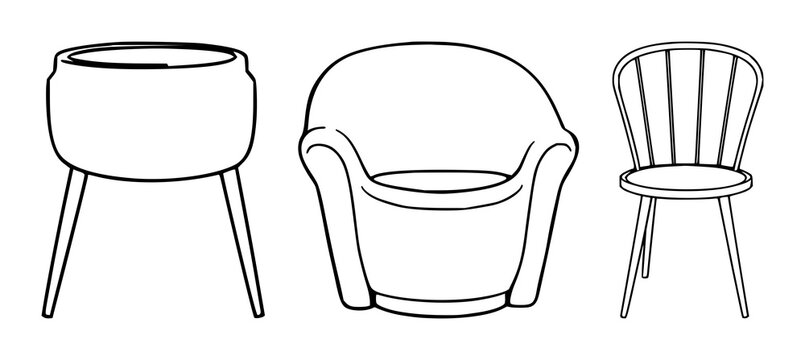 Ceramic chair set with black line art on white background featuring aesthetic minimalism, geometric elegance, illustrated silhouette with monochrome and clean design
