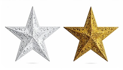 Obraz premium Silver and golden stars, isolated on white, appear textured and three dimensional