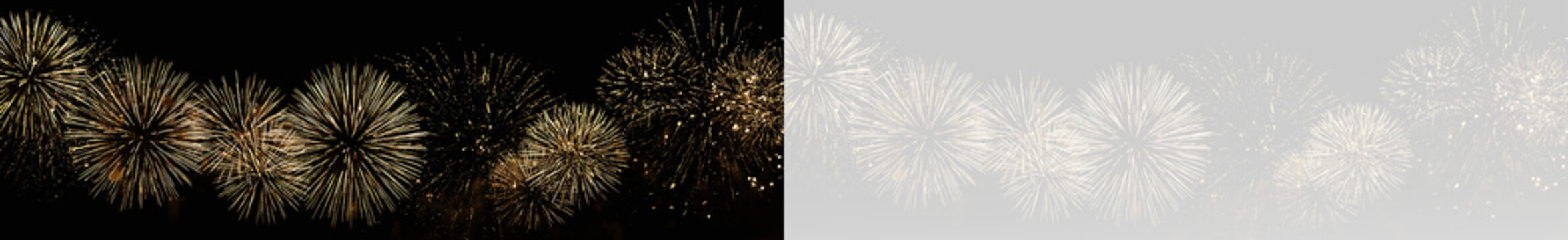 Horizontal banner with sparkling yellow firework rockets creating round shapes for spectacular anniversary events decoration