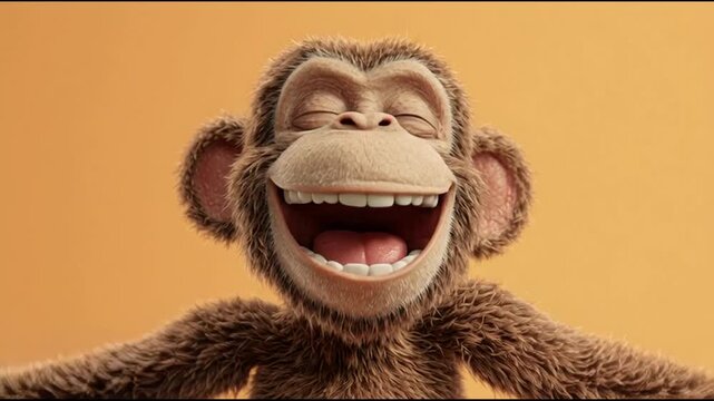 Joyful cartoon monkey with eyes closed and mouth wide open, expressing pure happiness and laughter