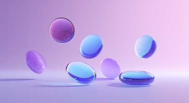Shiny, smooth semi-transparent jelly bean shaped objects float against a gradient purple backdrop