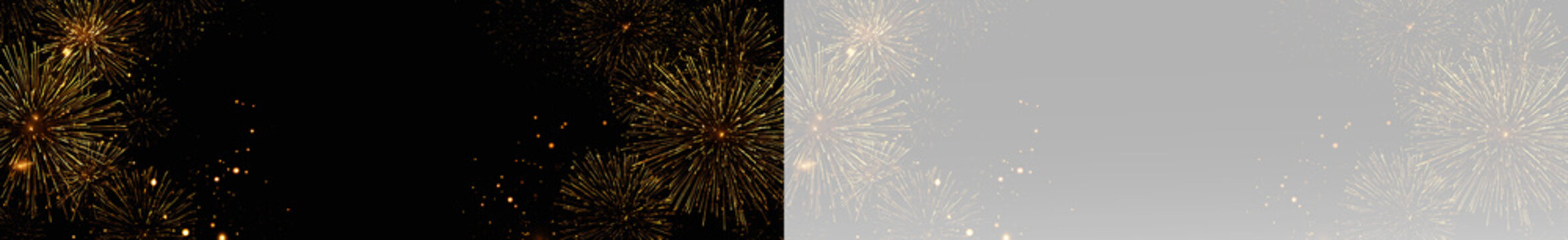 golden fireworks borders exploding in night sky leaving empty center space for festive text new year banner layout