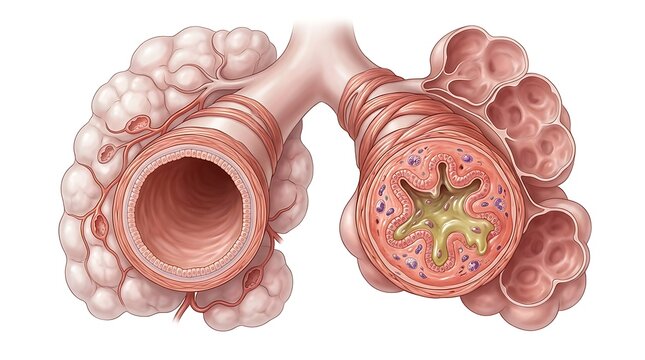 Medical illustration comparing healthy and asthmatic human airways