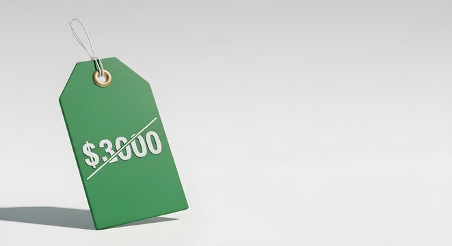 Green price tag with slash through dollar sign and three thousand indicating sale or discount, isolated on white.