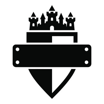 Stylized medieval castle emblem with blank banner and shield for design purposes icon