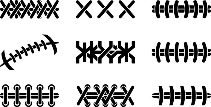 Football laces silhouette, Football stitches silhouette, Football seams silhouette, Rugby ball laces silhouette