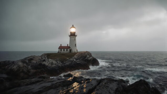 Nubble Lighthouse stands tall against a stormy sky in Maine.