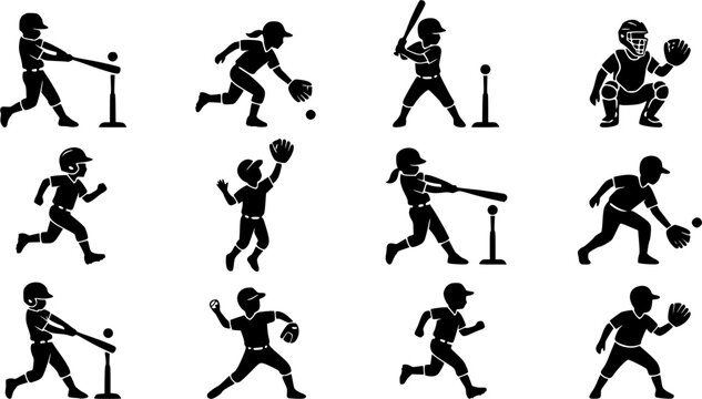 T-Ball Player Silhouette Icons &ndash; Cute Kids Baseball Starter Vector Bundle