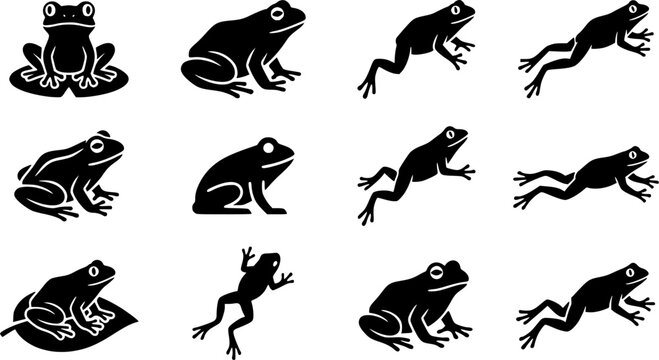 Frog Silhouette Icons &ndash; Playful Jumping & Sitting Amphibian Vector Bundle