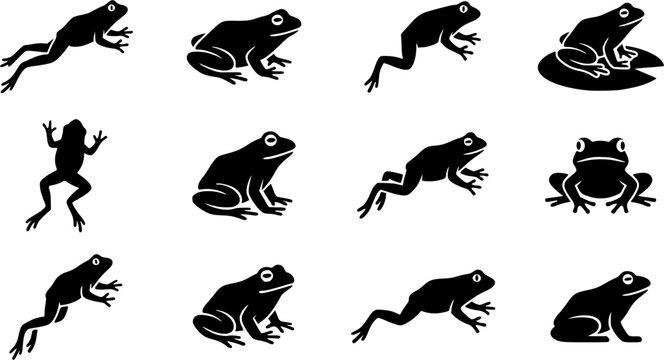 Frog Silhouette Icons &ndash; Playful Jumping & Sitting Amphibian Vector Bundle