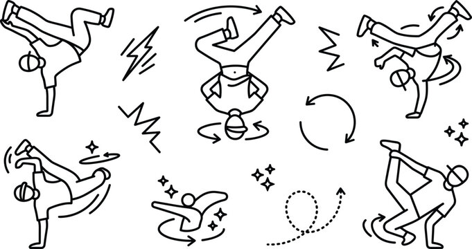 Breakdance and hip hop dancer line art vector icon set with dynamic street dance movement graphic designs