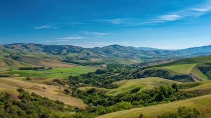 Fototapeta premium A wide, panoramic summer landscape with rolling hills, clear skies, and vibrant greenery.