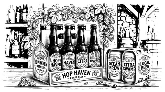 Bottles and cans of craft beer with hop haven brewery packaging and labels featuring hops, alcohol, drinks with beverages and pub elements for bar,