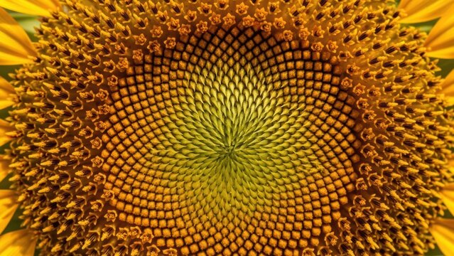 A bright yellow sunflower in full bloom captures a beautiful nature texture with an abstract macro pattern of pollen during a sunny summer day