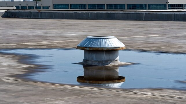Industrial rooftop vent reflected in a large rain puddle, highlighting weathered metal, ponding water and urban infrastructure on a flat commercial roof after a storm