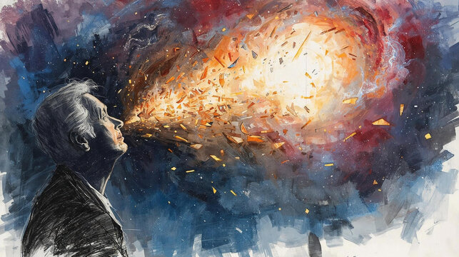 Creative breakthrough concept art of a person's words exploding into cosmic light. An expressive painting metaphor for innovation, powerful ideas, and cathartic release.