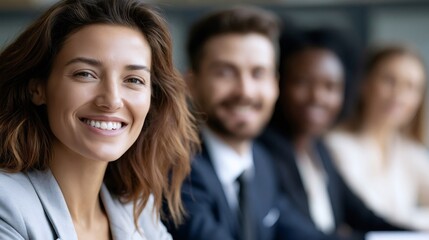 Fototapeta premium Smiling young businesswoman leading a diverse team during an office meeting, projecting confidence, success, and leadership within a collaborative and professional business environment