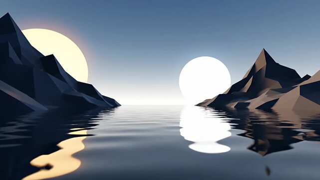 Abstract geometric landscape with sun and water reflection