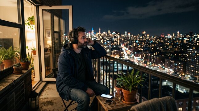 lonely man sitting on apartment balcony at night listening to music