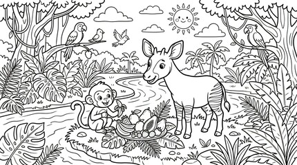 Obraz premium Okapi sharing forest fruit coloring page for children