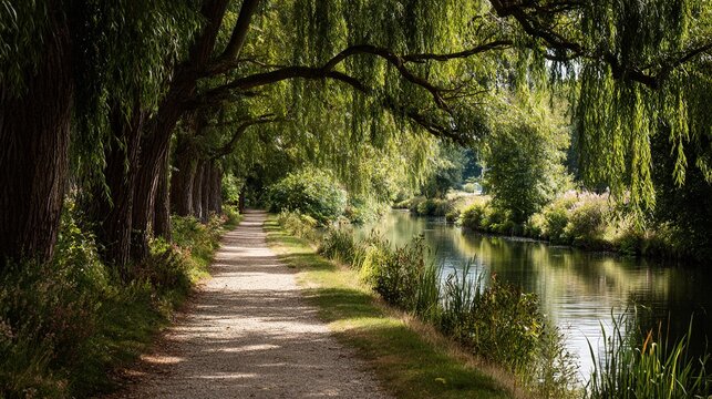 nothingness. Peaceful gravel path along calm canal lined with willow trees in daylight. travel magazines, destination branding, designed for travel destination branding, drives exploration.
