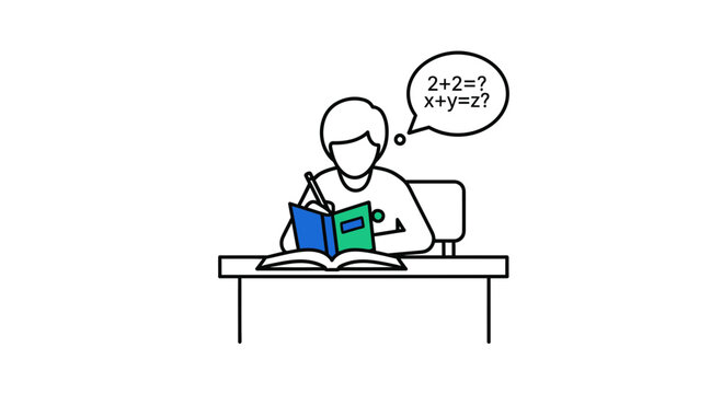 Student solving math problems, education concept, learning, studying, homework, simple illustration