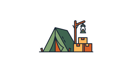 A green camping tent stands next to a lantern and wooden crates in the wilderness © Perkasa