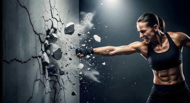 Strong woman punching through a concrete wall. Overcoming obstacles and personal power. Athletic female athlete breaking a stone barrier with a powerful strike in a dark studio
