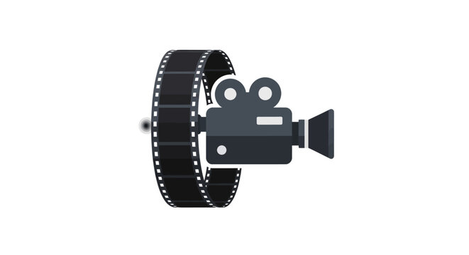 A flat vector illustration of a vintage movie camera with a film strip loop