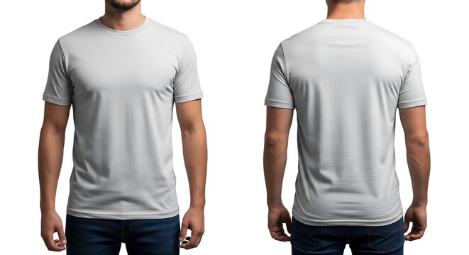 Blank light gray short-sleeved t-shirt mockup, front and back views on an anonymous male model, perfect for apparel design, branding, and product presentation on a pure white studio background