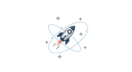 A simple flat vector illustration of a rocket ship flying through outer space © sedulurmu
