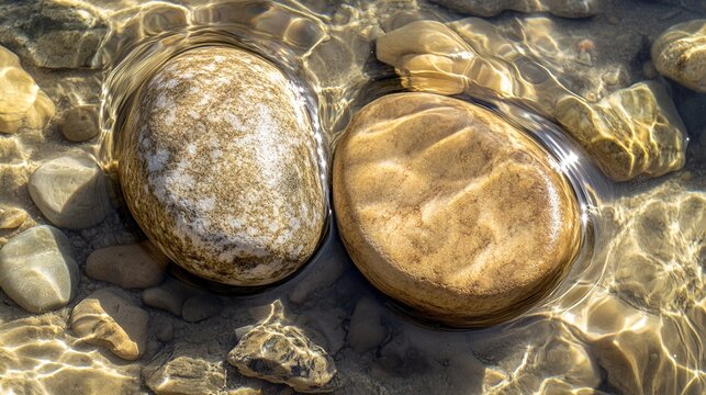 spandrel. Two smooth river stones resting on a sandy stream bed, natural textures. travel magazines, destination branding, designed for travel destination branding, used by management consultants.