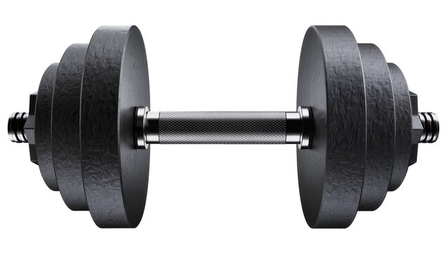 Black textured dumbbell with chrome handle and weight plates