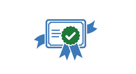 Fototapeta premium A blue certificate icon featuring a green seal with a white checkmark symbol