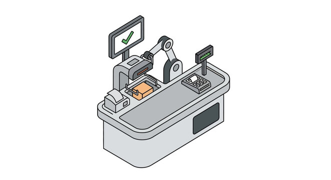 An automated checkout counter with a robotic arm scanning a small package