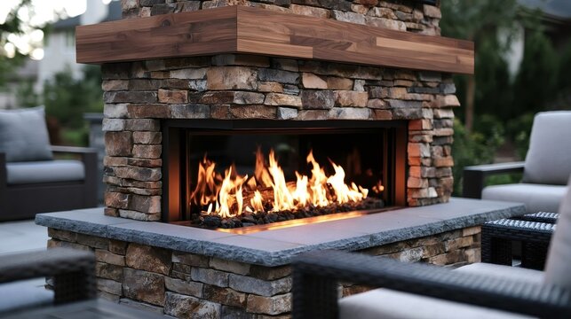 Modern outdoor stone fireplace features a wide firebox with glowing flames, providing warmth and a inviting atmosphere for a luxury backyard living space with elegant patio furniture