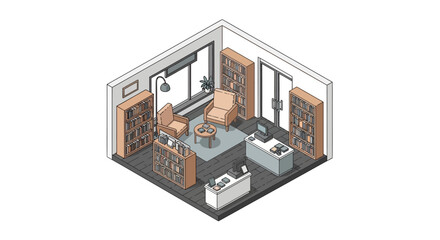 An isometric view of a modern library interior with bookshelves and seating areas © Rajamu
