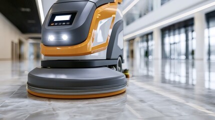 Fototapeta premium Robotic floor scrubber moving across a contemporary hallway, demonstrating smart automation and advanced technology for efficient commercial space sanitization and hygiene maintenance