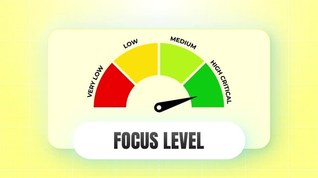 Focus Level conceptual dial animation with bright digital lighting, red to green colored sections over smooth slate stone traits, 4k video